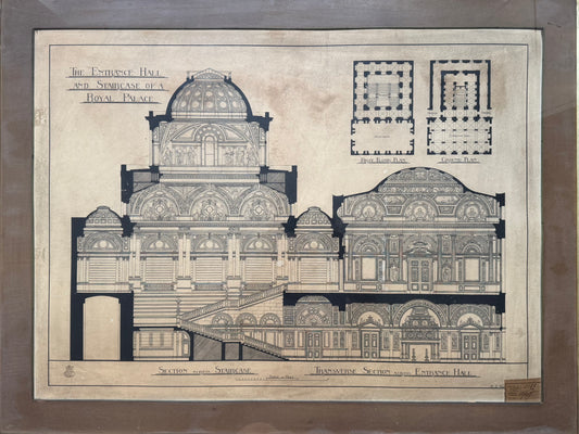 A 19th century architectural drawing of a Royal Palace for the South Kensington school by H. H Wyatt aged 17