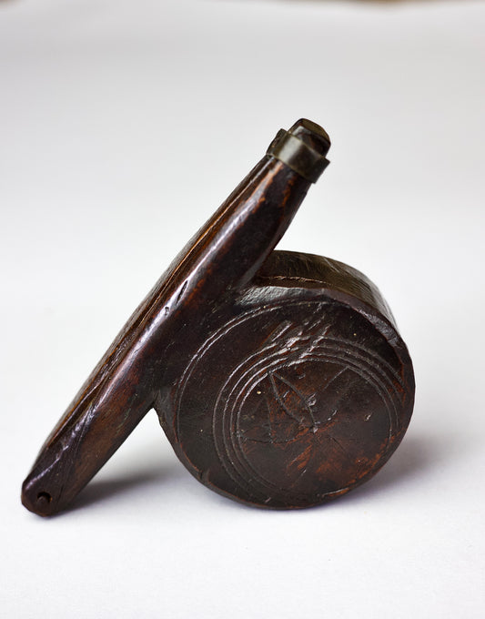 A rare set of 17th century apothecary scales in primitive case with witch marks