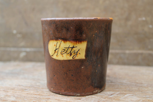 Slipware mug by Isaac Button of Soil Hill, Halifax- "Hetty"