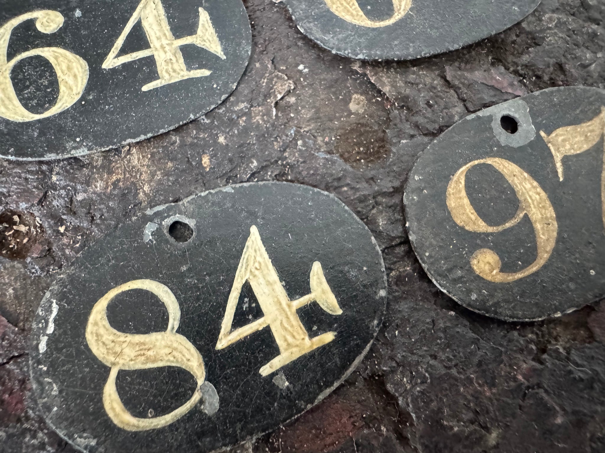 A group of six small early 19th century tole bin labels