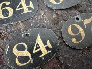A group of six small early 19th century tole bin labels