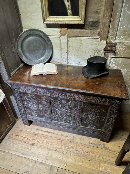 A 17th century Ottery St. Mary, Exeter joined oak chest highly likely from the same workshop in which Thomas Dennis apprenticed, 1687