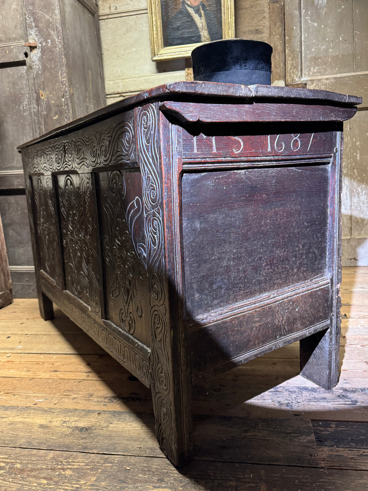 A 17th century Ottery St. Mary, Exeter joined oak chest highly likely from the same workshop in which Thomas Dennis apprenticed, 1687