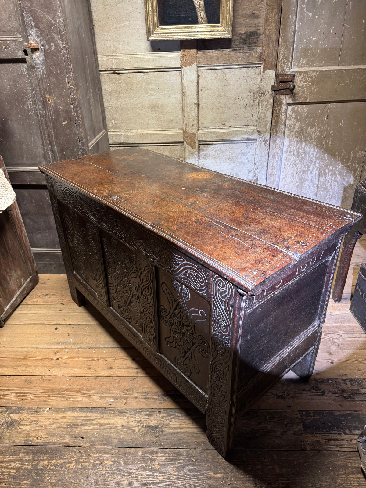 A 17th century Ottery St. Mary, Exeter joined oak chest highly likely from the same workshop in which Thomas Dennis apprenticed, 1687
