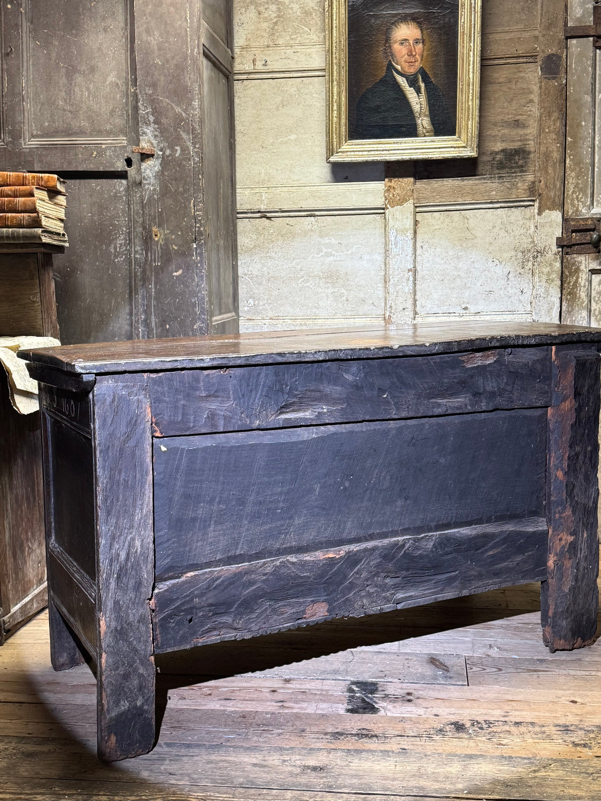A 17th century Ottery St. Mary, Exeter joined oak chest highly likely from the same workshop in which Thomas Dennis apprenticed, 1687