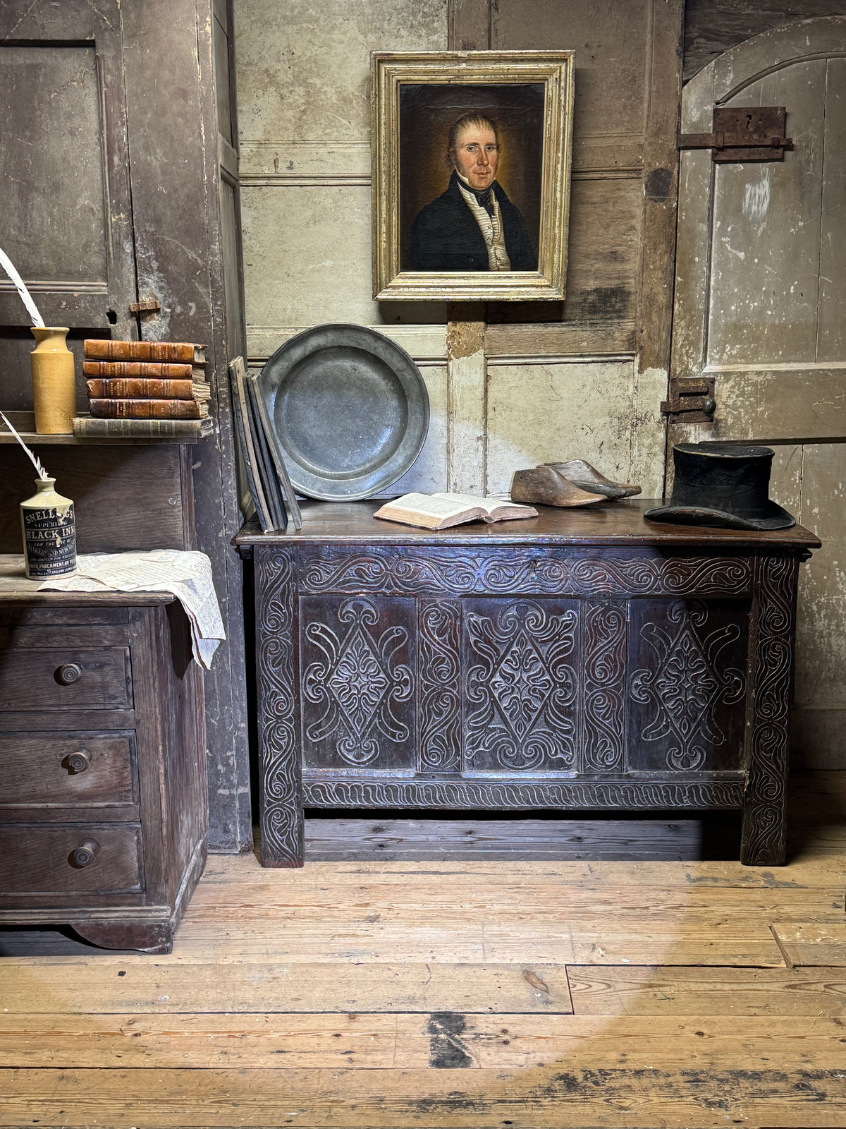 A 17th century Ottery St. Mary, Exeter joined oak chest highly likely from the same workshop in which Thomas Dennis apprenticed, 1687