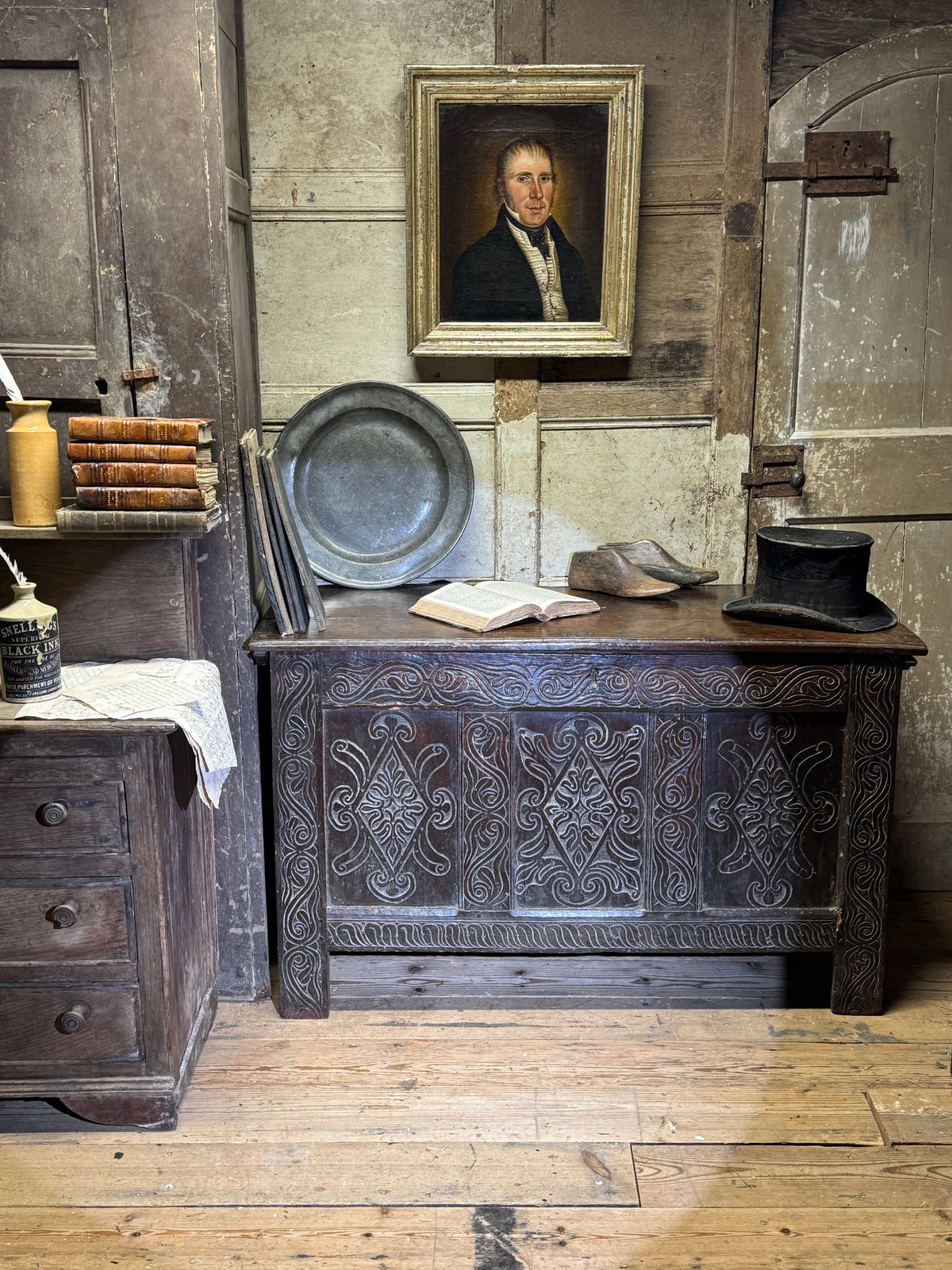 A 17th century Ottery St. Mary, Exeter joined oak chest highly likely from the same workshop in which Thomas Dennis apprenticed, 1687