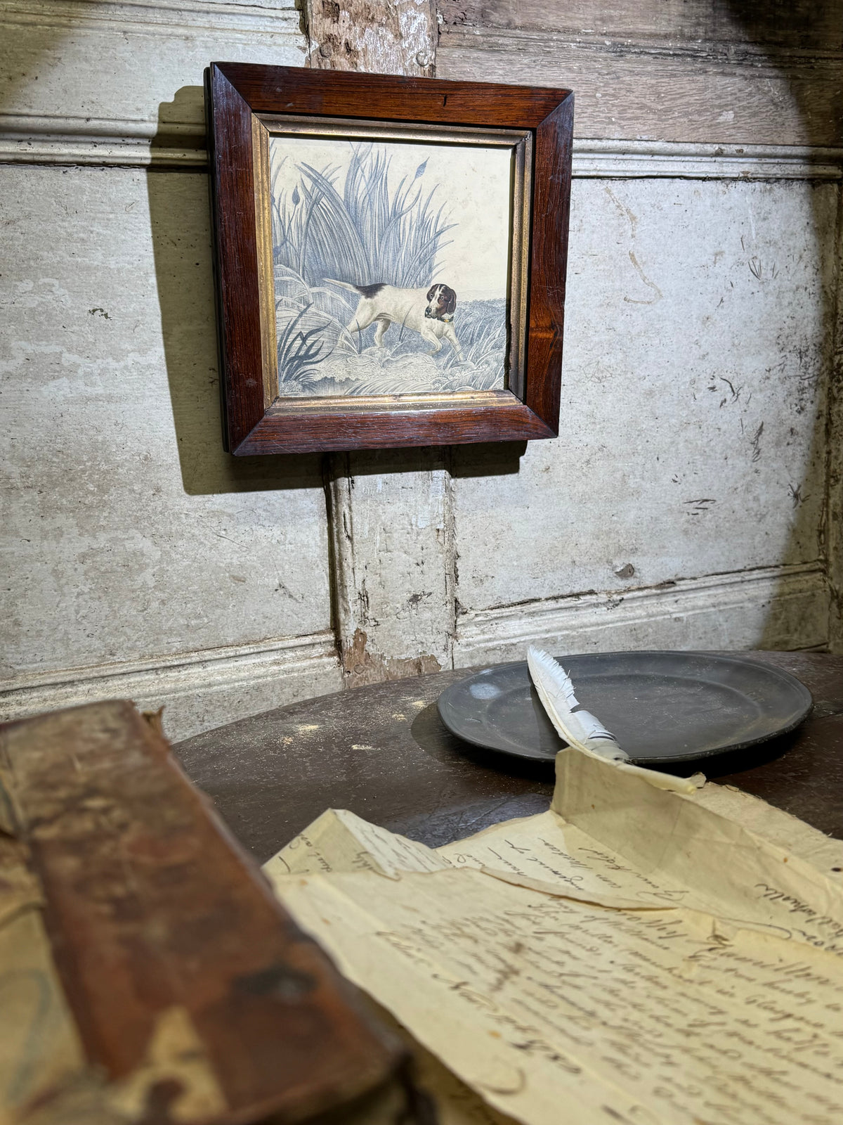 An original 19th century study of an English Pointer standing in reeds in graphite and watercolour