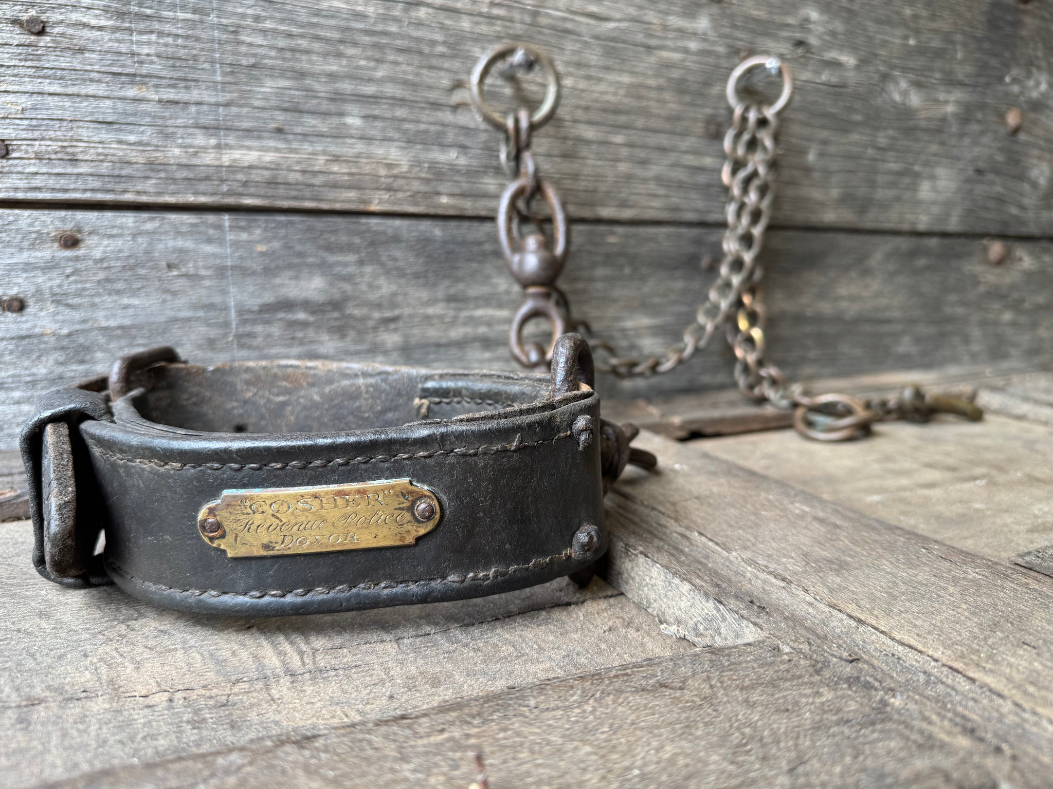 A rare early English 19th century dog collar and lead "Cosher" of the Revenue Police