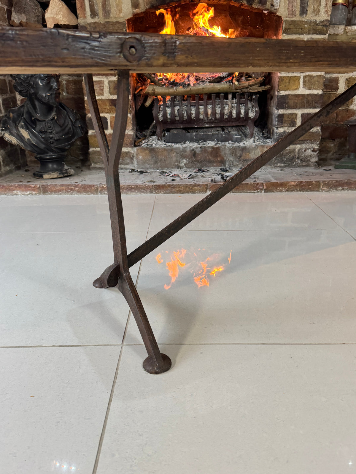 A good 'Air Ministry' Bench with cast iron legs dating to 1925 standing at six feet long