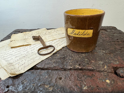 A slipware mug  for 'Matilda' ,  Soil Hill Pottery, Halifax