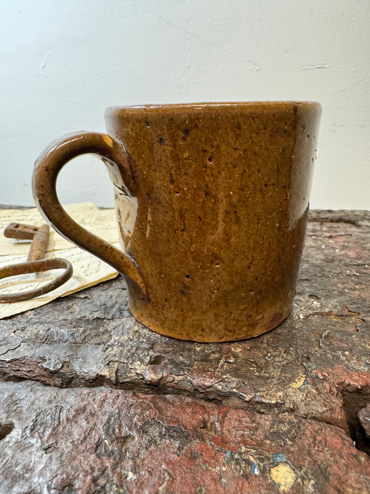 A slipware mug  for 'Matilda'  by Isaac Button of Soil Hill, Halifax