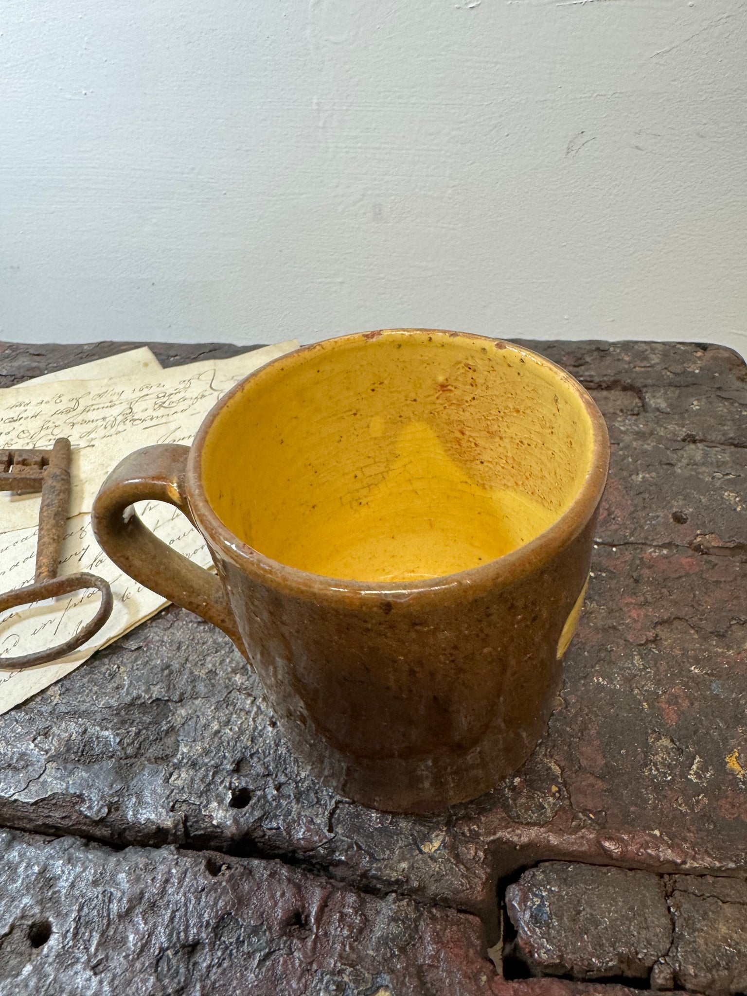 A slipware mug  for 'Matilda'  by Isaac Button of Soil Hill, Halifax