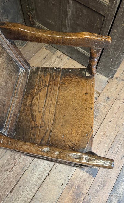 A North country 17th century oak wainscot armchair of excellent colour
