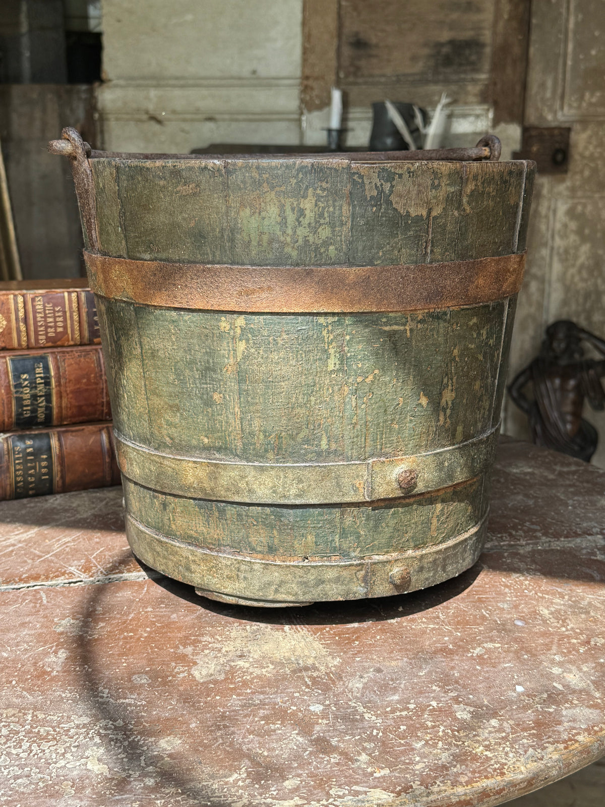 19th century coopered bucket in original blue paint