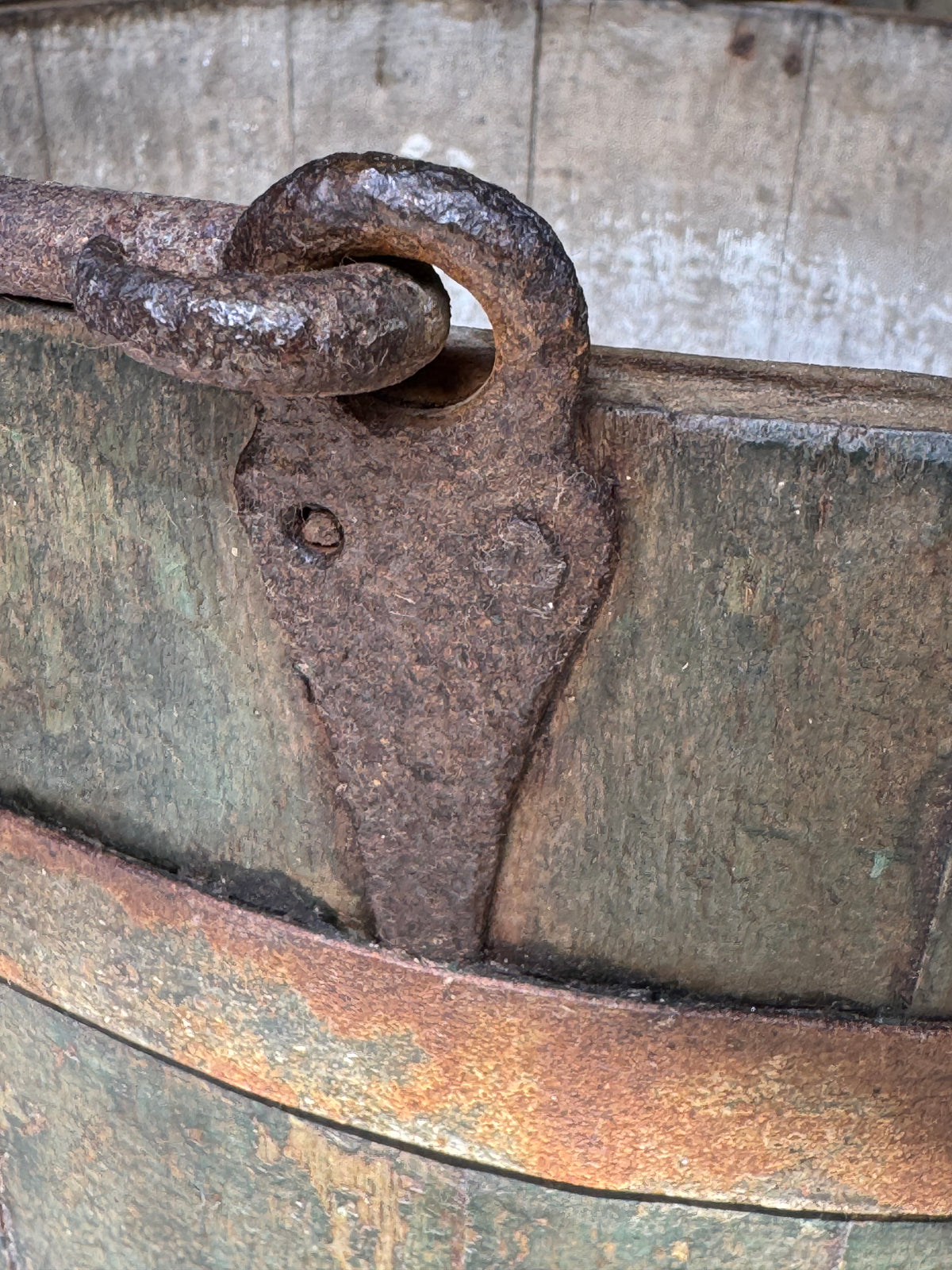19th century coopered bucket in original blue paint