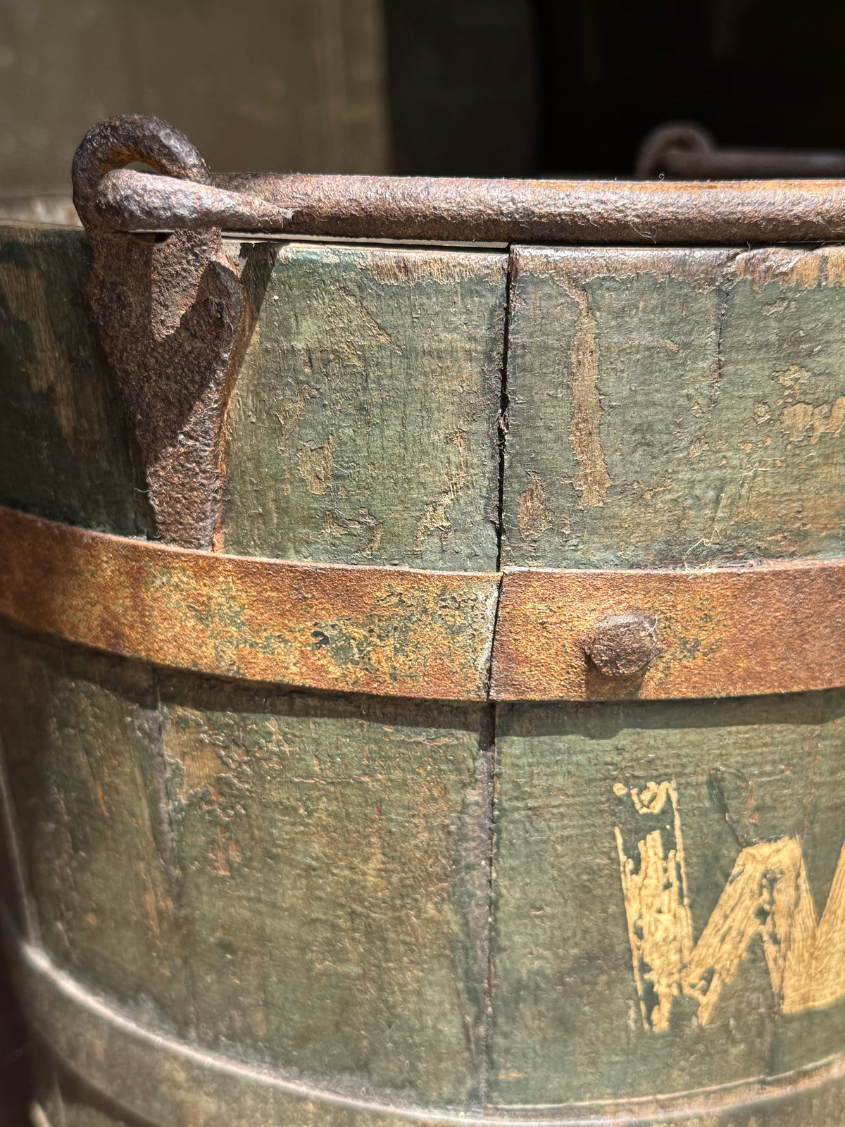 19th century coopered bucket in original blue paint