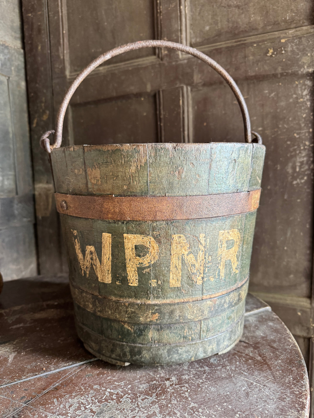 19th century coopered bucket in original blue paint