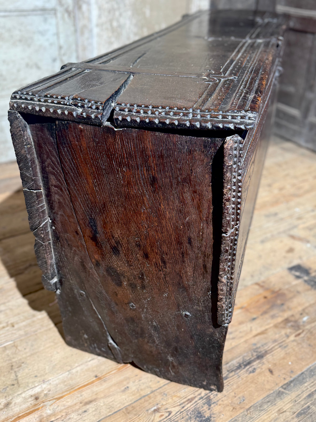 A substantial Elizabethan oak boarded chest by repute from Edinburgh Castle