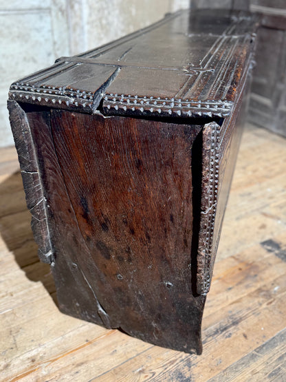A substantial Elizabethan oak boarded chest by repute from Edinburgh Castle