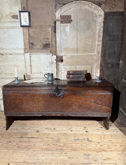 A substantial Elizabethan oak boarded chest by repute from Edinburgh Castle