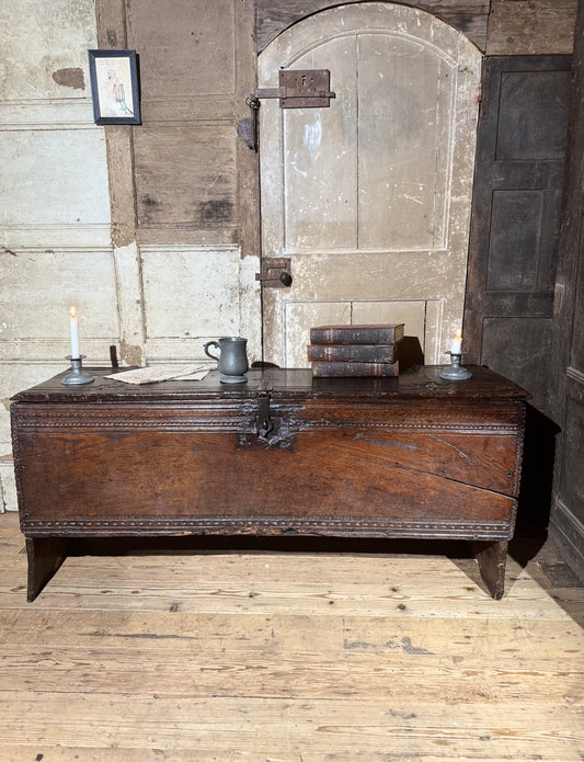 A substantial Elizabethan oak boarded chest by repute from Edinburgh Castle