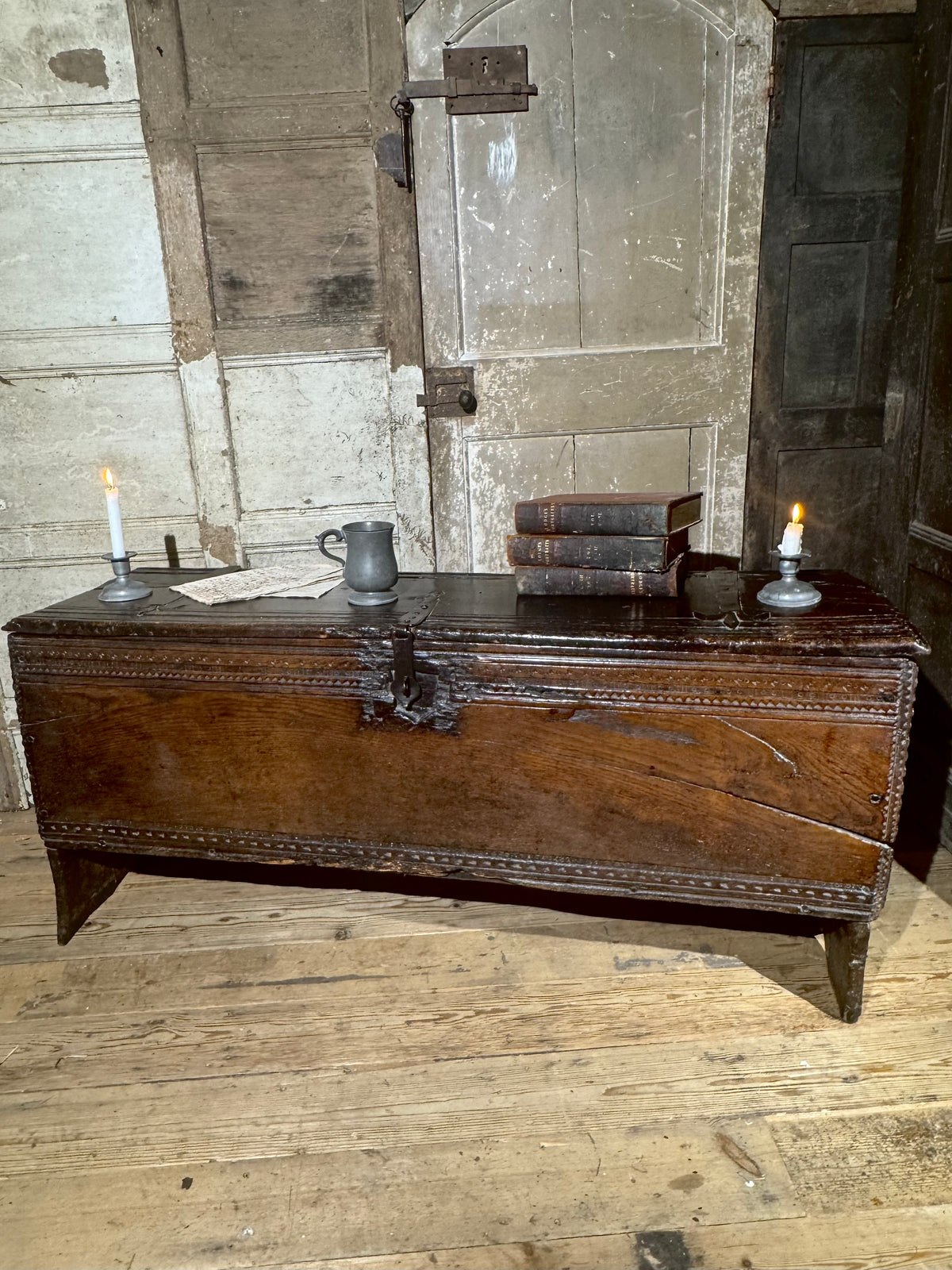 A substantial Elizabethan oak boarded chest by repute from Edinburgh Castle