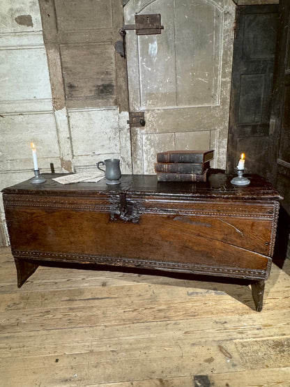 A substantial Elizabethan oak boarded chest by repute from Edinburgh Castle