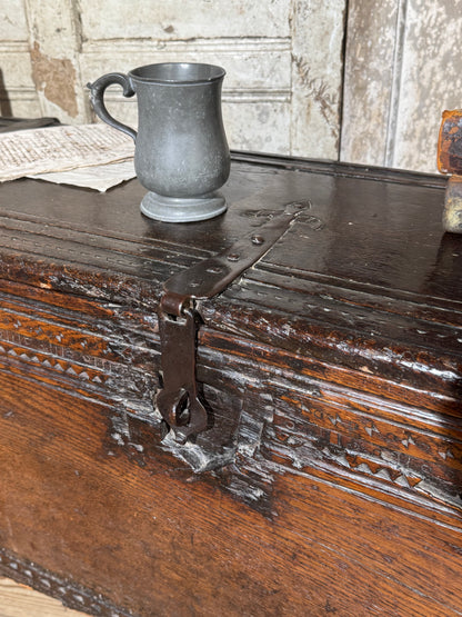A substantial Elizabethan oak boarded chest by repute from Edinburgh Castle