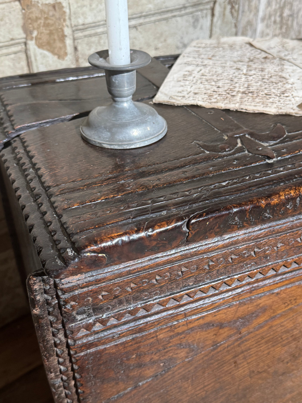 A substantial Elizabethan oak boarded chest by repute from Edinburgh Castle