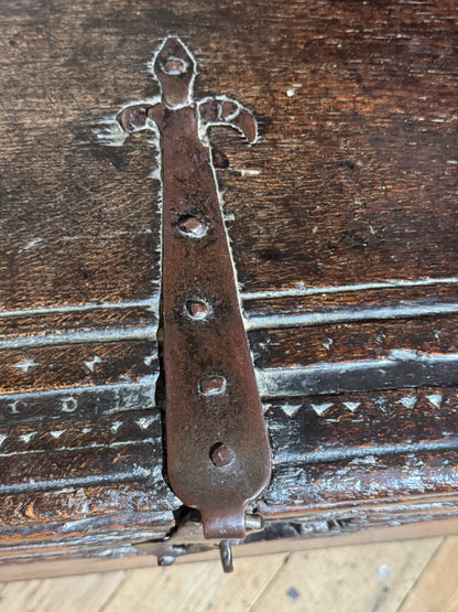 A substantial Elizabethan oak boarded chest by repute from Edinburgh Castle