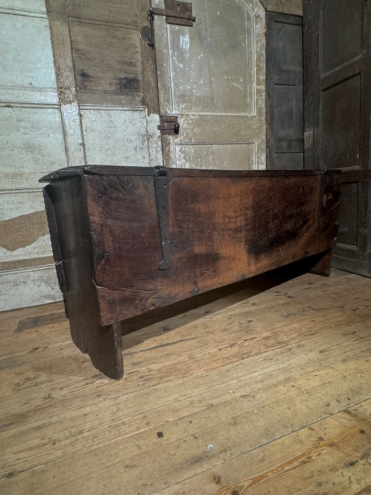 A substantial Elizabethan oak boarded chest by repute from Edinburgh Castle