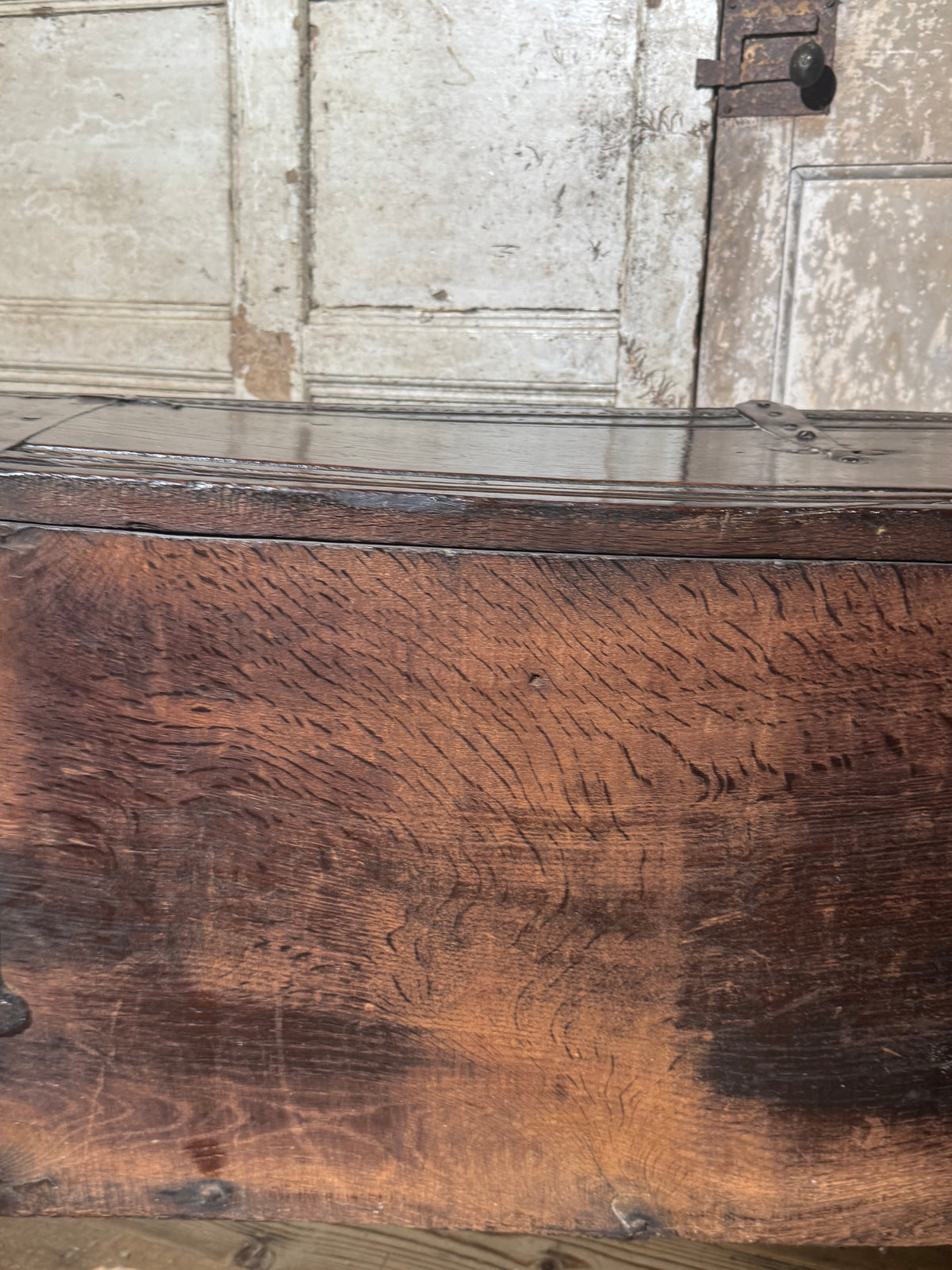 A substantial Elizabethan oak boarded chest by repute from Edinburgh Castle