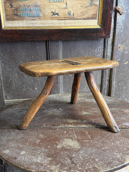 18th century vernacular oak stool with hedgerow splayed legs and blacksmith repairs c. 1790