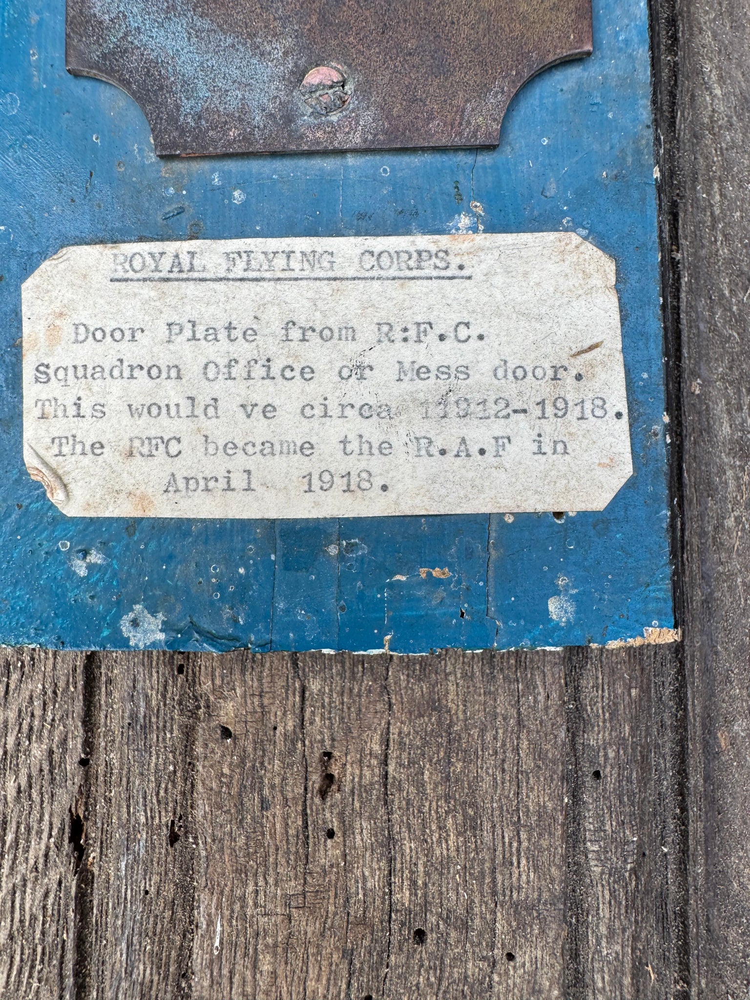 An exceptionally rare Royal Flying Corps finger plate 1912-1918