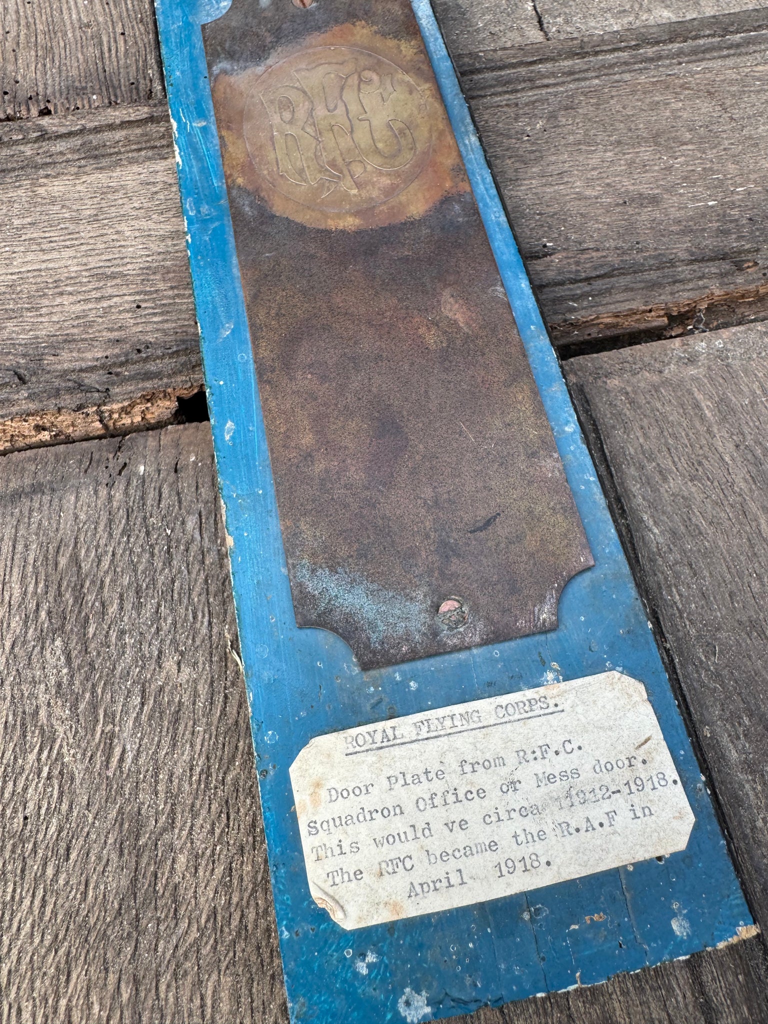 An exceptionally rare Royal Flying Corps finger plate 1912-1918