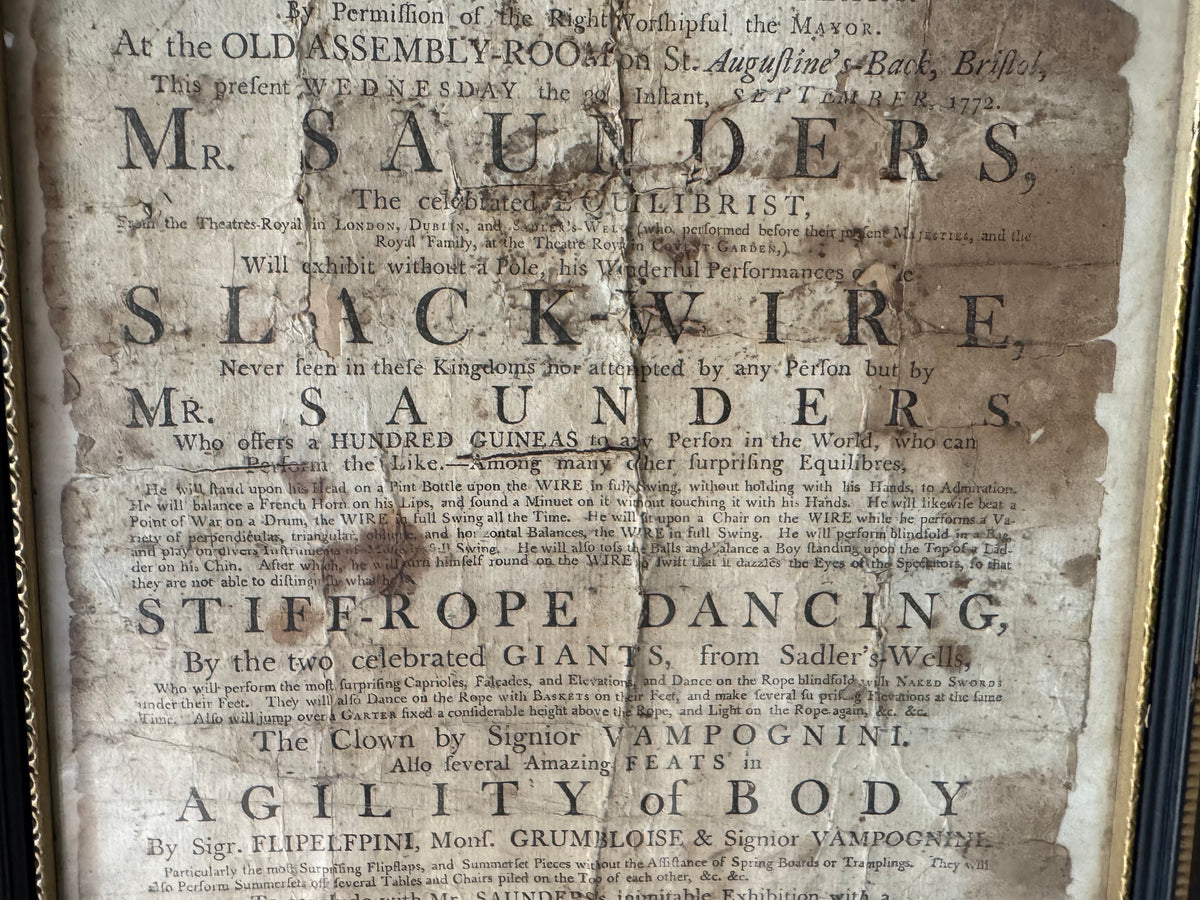 A Rare George III Handbill Advertising a Performance by Samuel Saunders, Celebrated Equilibrist and Slack-Wire Performer