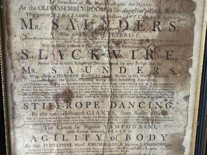 A Rare George III Handbill Advertising a Performance by Samuel Saunders, Celebrated Equilibrist and Slack-Wire Performer