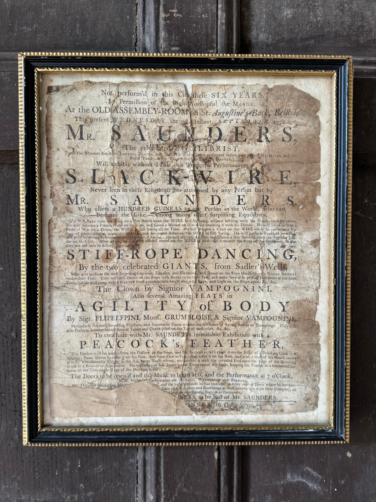 A Rare George III Handbill Advertising a Performance by Samuel Saunders, Celebrated Equilibrist and Slack-Wire Performer