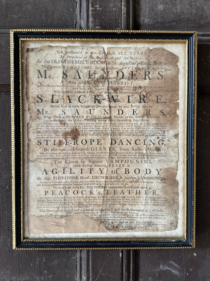 A Rare George III Handbill Advertising a Performance by Samuel Saunders, Celebrated Equilibrist and Slack-Wire Performer