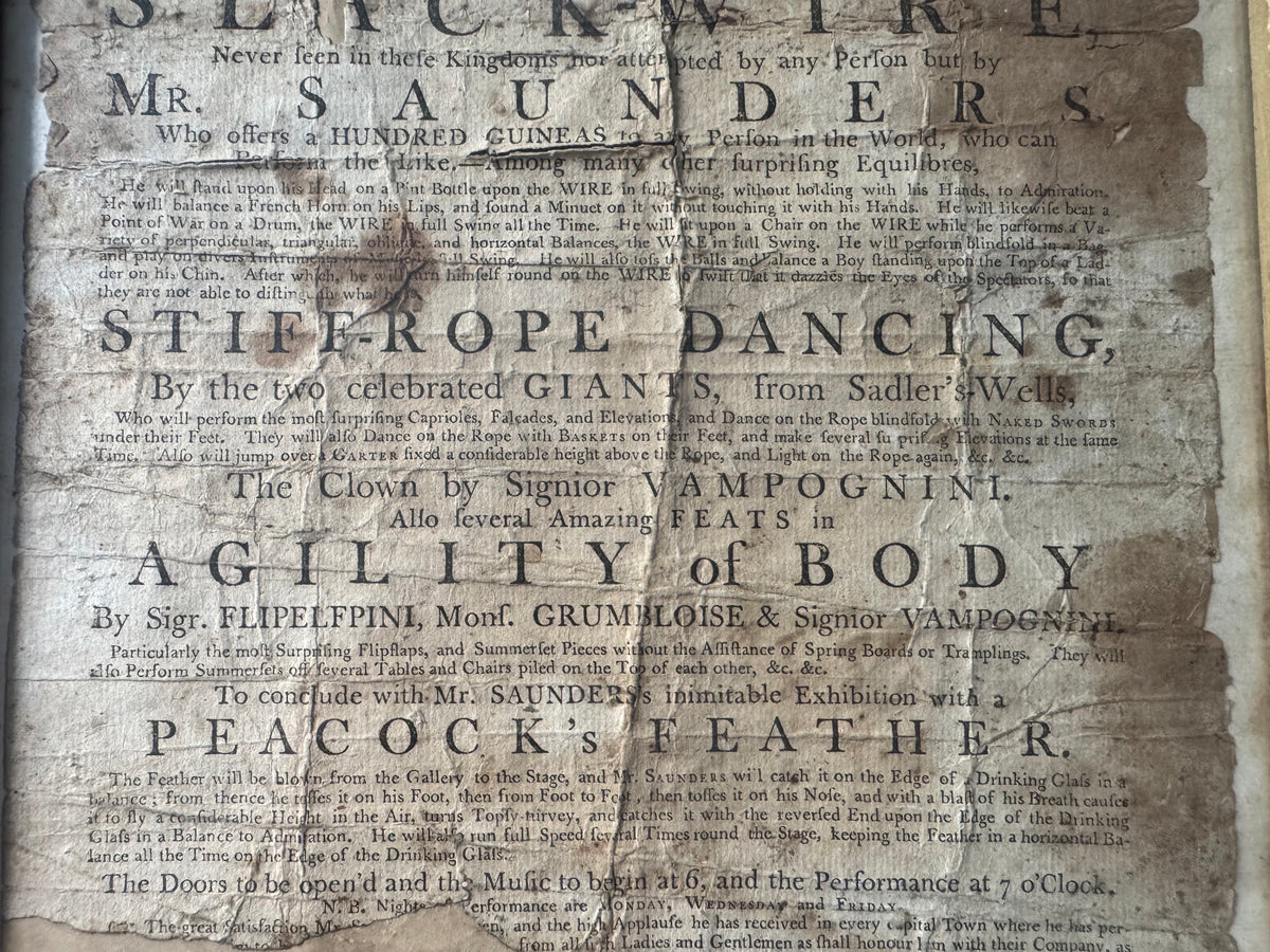 A Rare George III Handbill Advertising a Performance by Samuel Saunders, Celebrated Equilibrist and Slack-Wire Performer