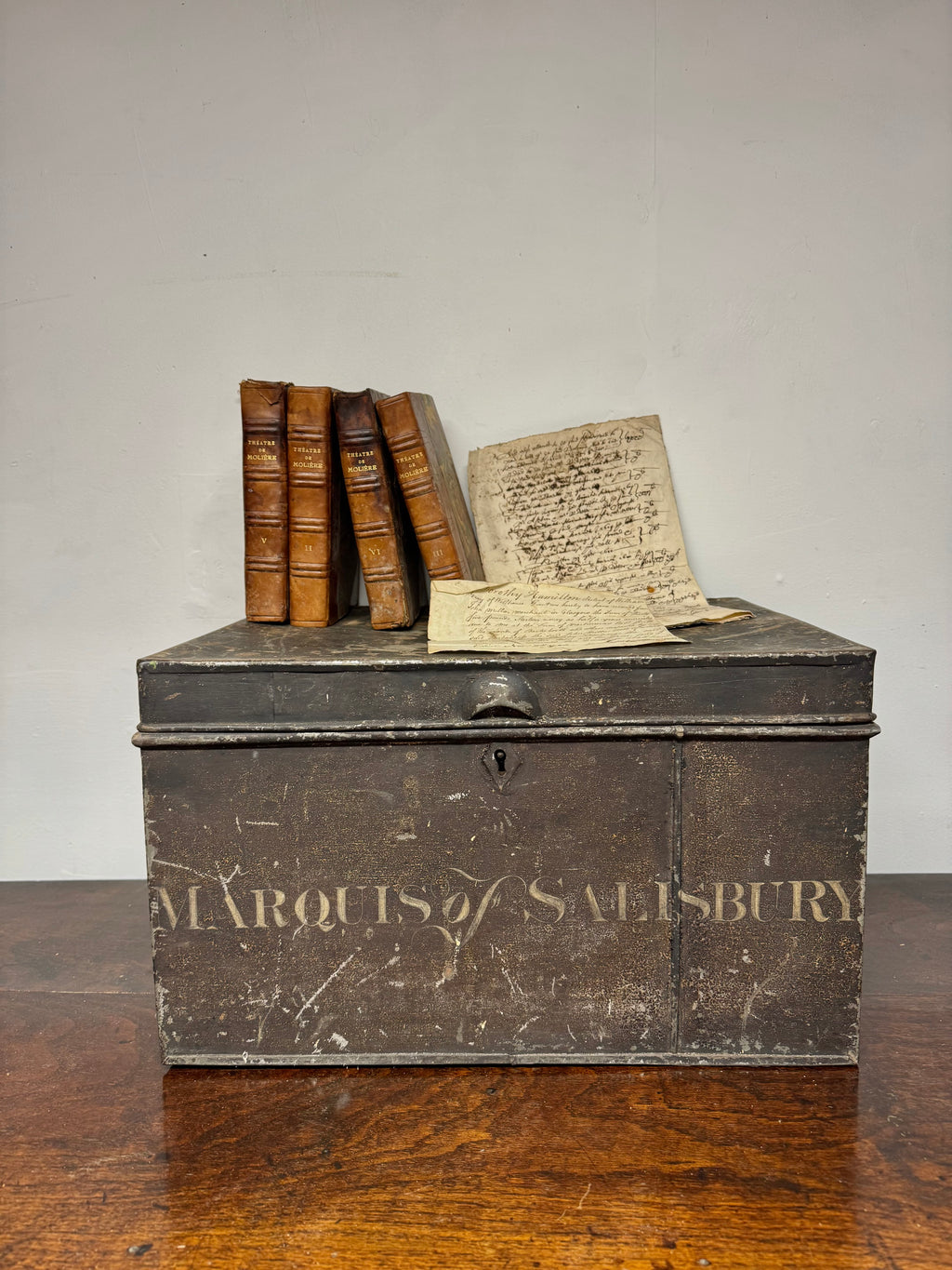 A 19th century deed box for the Marquess of Salisbury in untouched original paint
