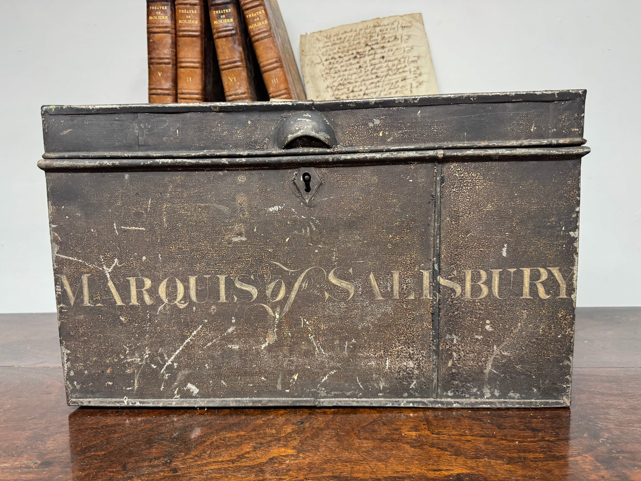 A 19th century deed box for the Marquess of Salisbury in untouched original paint