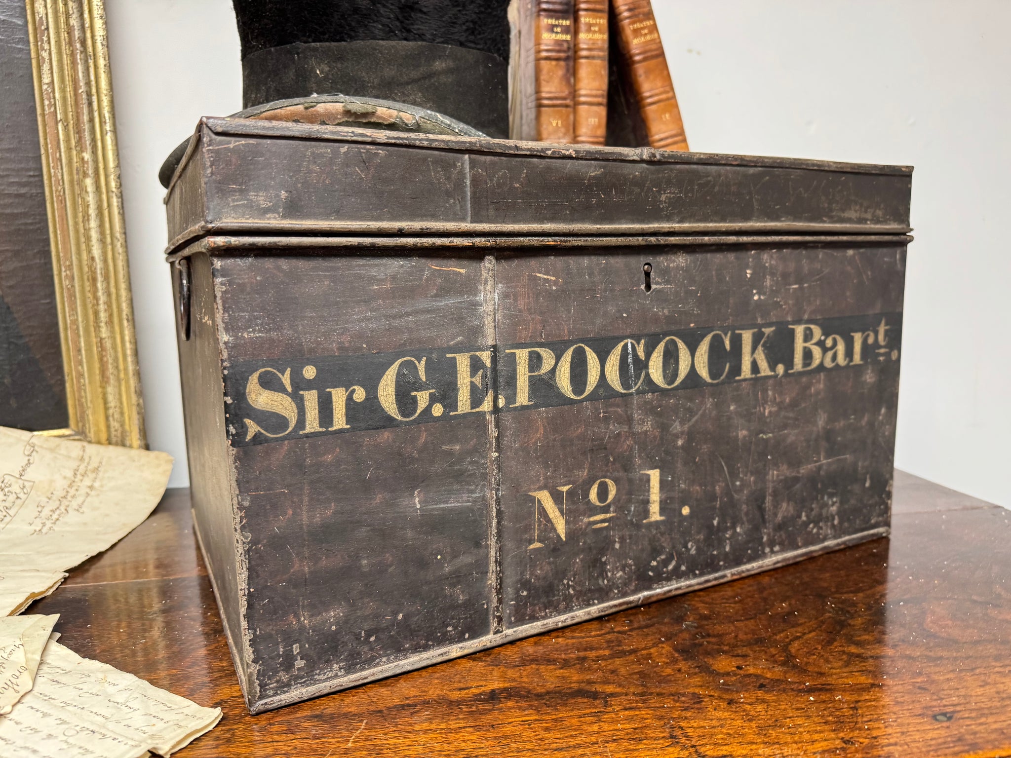 A 19th c Deed box in the name of Sir George Edward Pocock, Baronet