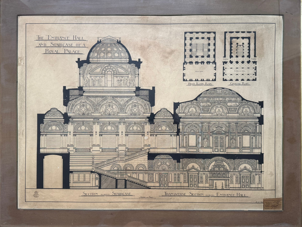 A 19th century architectural drawing of a Royal Palace for the South Kensington school by H. H Wyatt aged 17