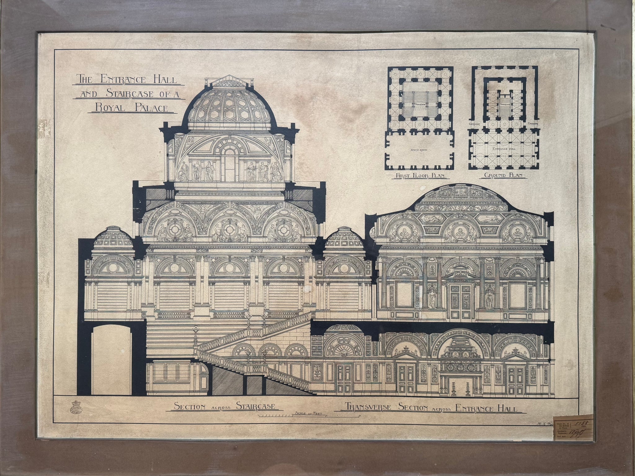 A 19th century architectural drawing of a Royal Palace for the South Kensington school by H. H Wyatt aged 17