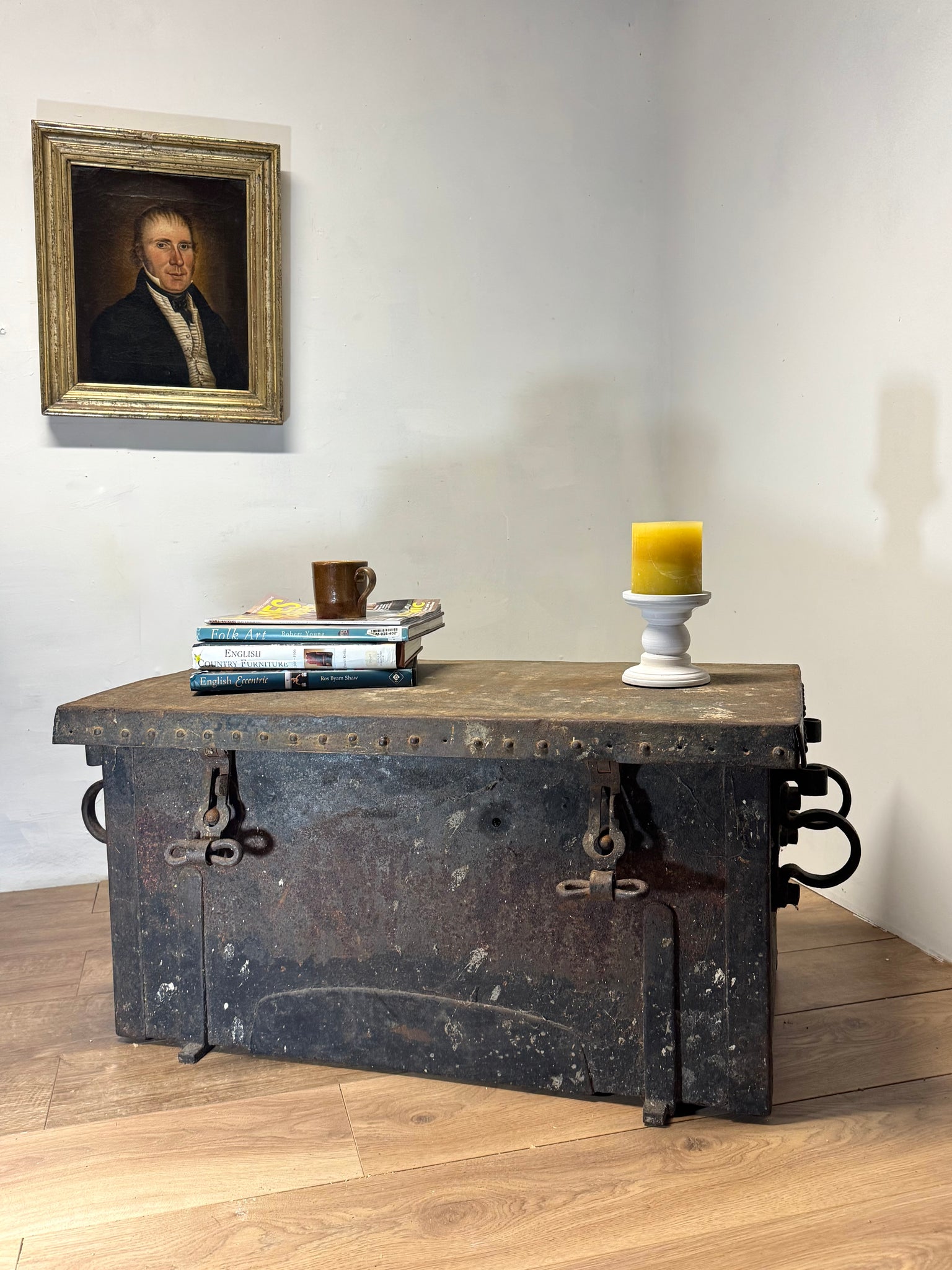 A large and substantial iron and wood strongbox c. 1800