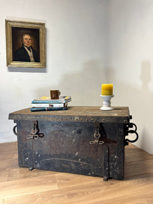 A large and substantial iron and wood strongbox c. 1800