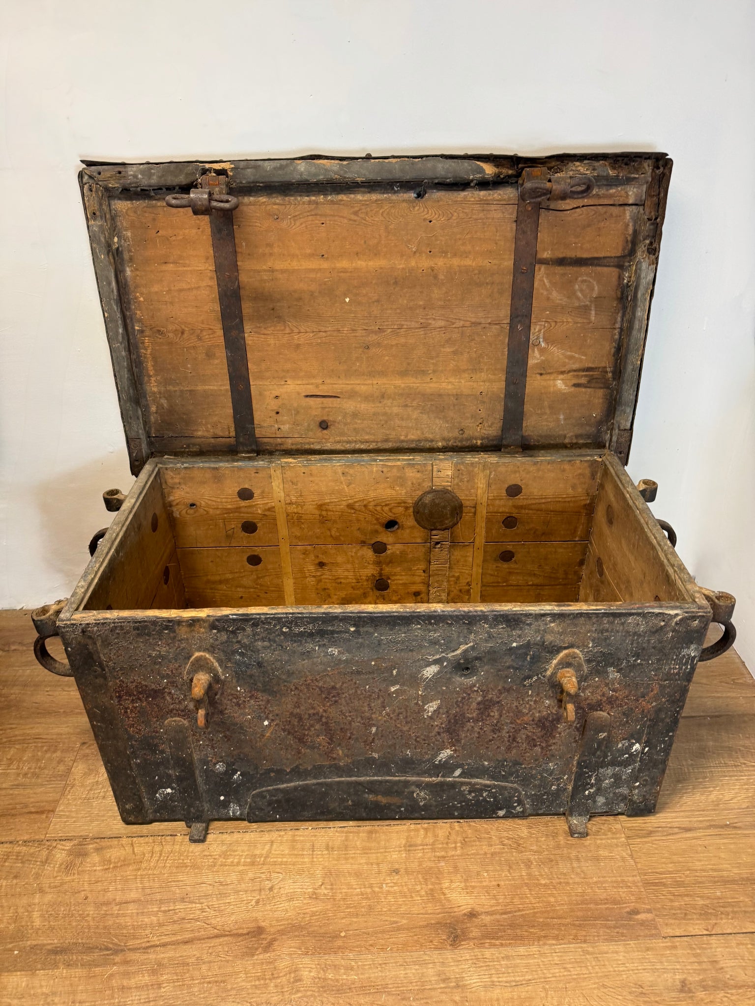 A large and substantial iron and wood strongbox c. 1800