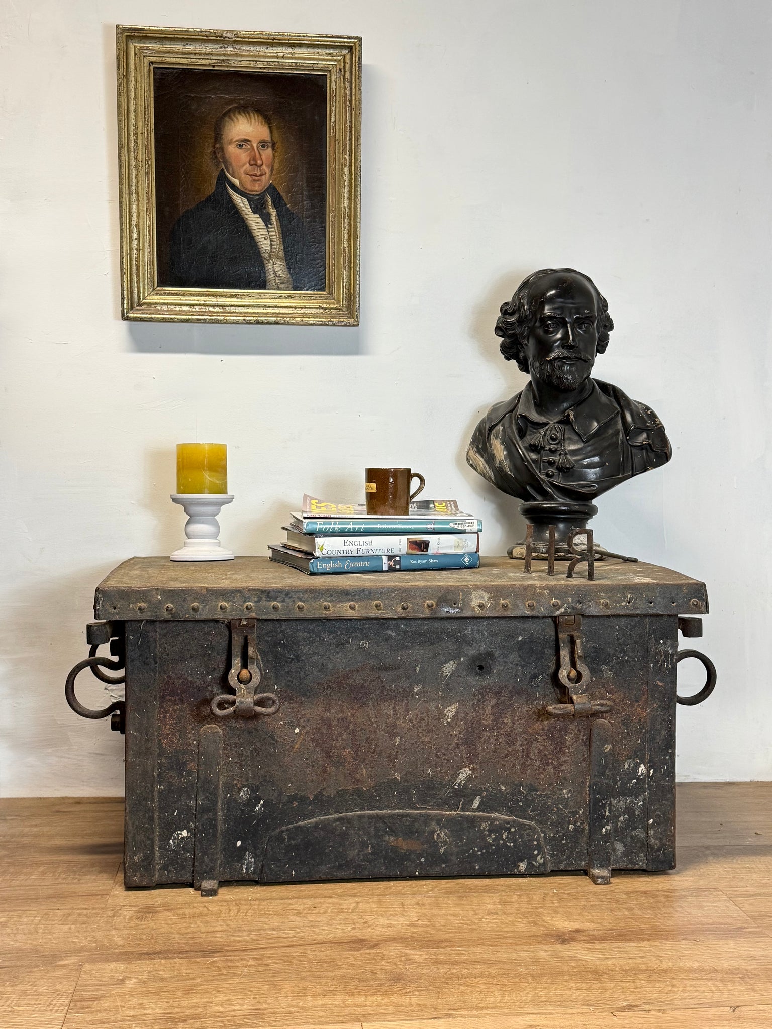 A large and substantial iron and wood strongbox c. 1800